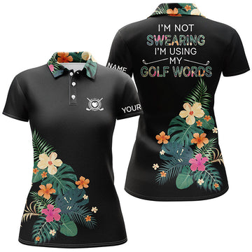 Personalisierte Damen Golf-Poloshirts in Schwarz | Individuelle Namensstickerei | Tropisches Pflanzen-Design | Stilvolle Golfbekleidung N4386