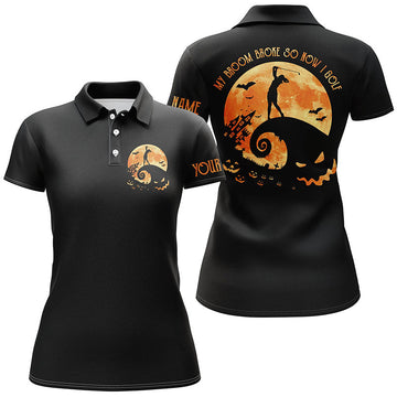 Personalisierte Damen Poloshirt für Halloween – „Mein Besen ist kaputt, jetzt spiele ich Golf“ N3979