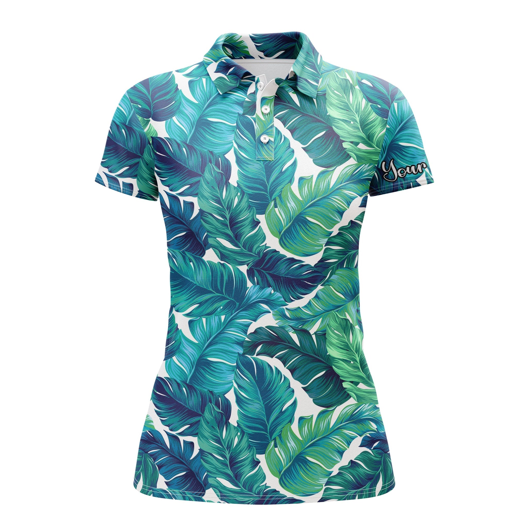 Türkise und Grüne Tropenblätter Damen Golf Polo - Individuelle Team Golf Poloshirts N3693