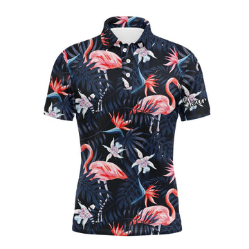 Herren Golf Poloshirts mit UV-Schutz – Exotische Vögel, Pinke Flamingos und Dunkelblaue Palmenblätter N3694