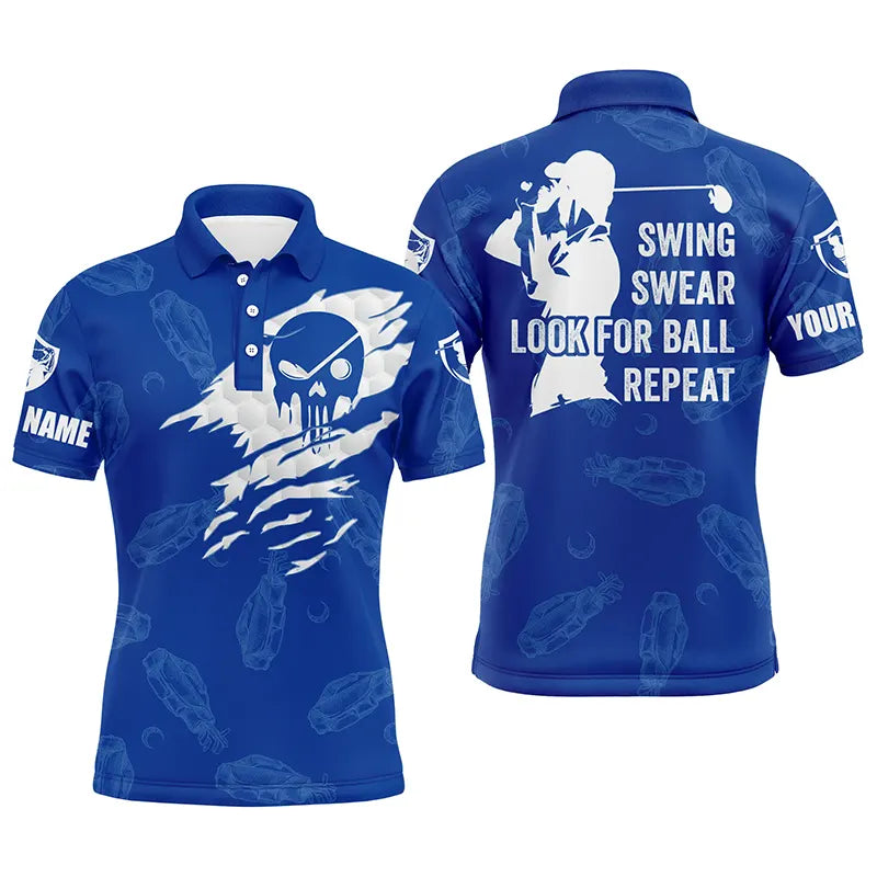 Personalisierbares Herren Golf Polo-Shirt mit Golfschläger-Muster | Blau N4012