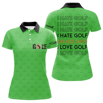 Humorvolle Damen Golf Polo-Shirts - "Ich hasse Golf, guter Schlag" - Individuelle Golfshirts mit grünem Muster N7246