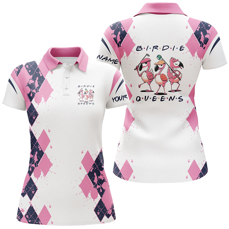 Personalisierte Damen Golf Poloshirt in Pink mit Rauten-Muster - Birdie Queen Golfmode für Frauen N6096