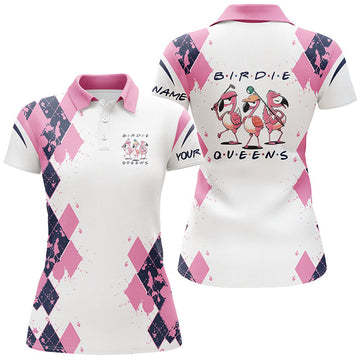 Personalisierte Damen Golf Poloshirt in Pink mit Rauten-Muster - Birdie Queen Golfmode für Frauen N6096