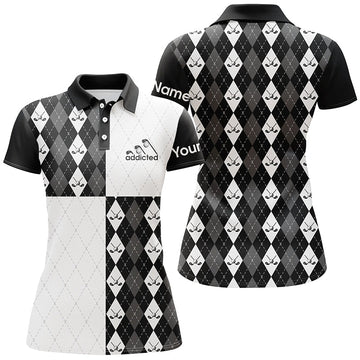 Personalisierte Damen Golf Polo-Shirts in Klassischem Schwarz und Weiß mit Golfball- und Schlägerdesign N5439