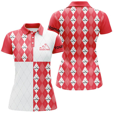 Personalisierbares Damen Golf-Polo-Shirt in Rot und Weiß mit Golfball und Schlägern im Karomuster N7446