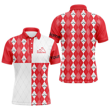 Individuelles Herren Golf Polo-Shirt in Rot und Weiß mit Argyle-Muster, Golfball und Schlägern N7446
