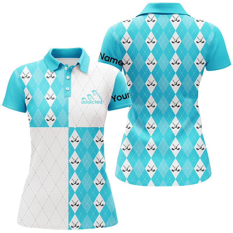 Frauen Golf Polo-Shirt in Cyanblau mit individuellem Golfball und Schlägern im Karomuster N7447
