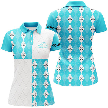 Frauen Golf Polo-Shirt in Cyanblau mit individuellem Golfball und Schlägern im Karomuster N7447