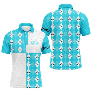 Herren Golf-Polo-Shirt in Cyanblau und Weiß mit argyle Karomuster und Golfball-Design N7447