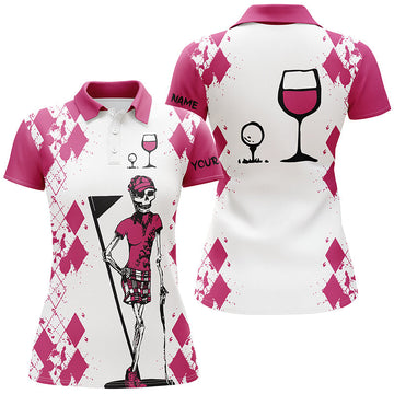 Personalisierbares Polo-Shirt für Damen mit Totenkopf-Motiv in Weiß und Pink – Golf & Wein N3451