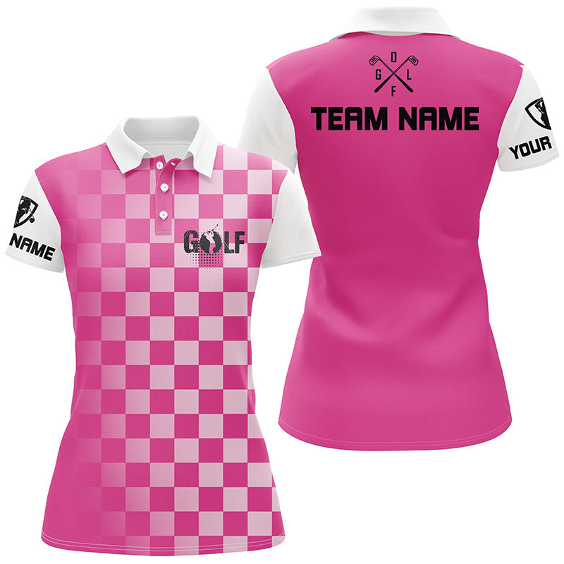 Personalisierbares Damen Golf Polo-Shirt mit Karomuster in Pink - Stilvolle Golfbekleidung für Damen N4561