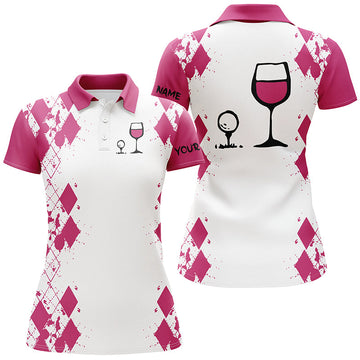 Personalisierte Damen-Golfschirt im Pink-Weißen Rautenmuster – Stilvolles Polo für Golf & Weinliebhaber N3924