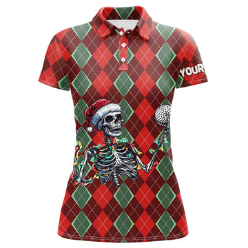 Lustiges Totenkopf-Weihnachts-Polo-Shirt mit Argyle-Muster für Damen – Individuelle Golf-Outfits für die Feiertage N8975