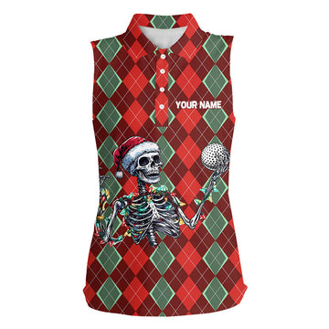 Lustiges Totenkopf-Weihnachts-Argyle-Muster Damen ärmelloses Polo-Shirt – Individuelle Xmas Golf-Outfits für Frauen N8975