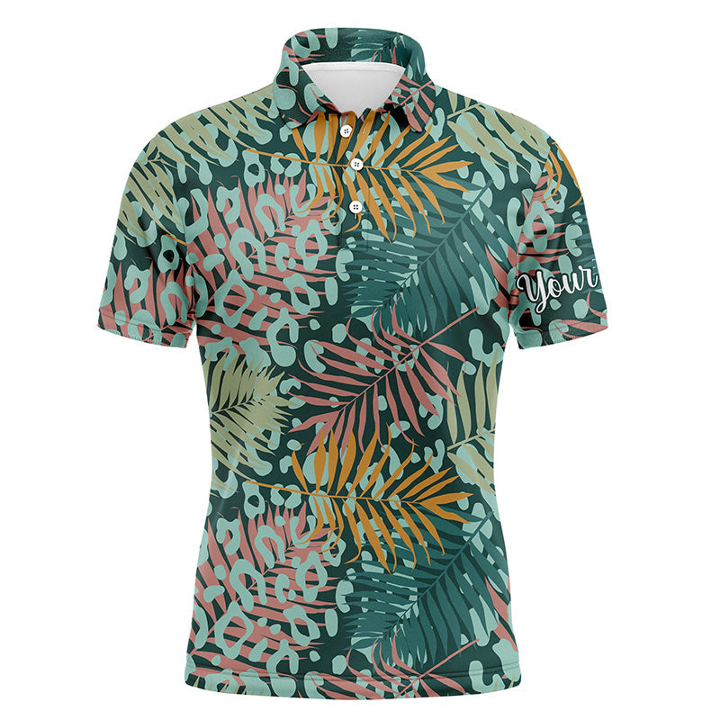 Herren Golf Poloshirts mit UV-Schutz und grünem tropischem Palmen-Leoparden-Muster N4161