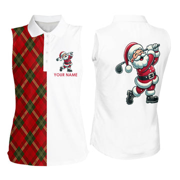 Rotes Karomuster Weihnachts-Polo-Shirt ohne Ärmel für Damen – personalisiertes Santa Golf Oberteil N8995