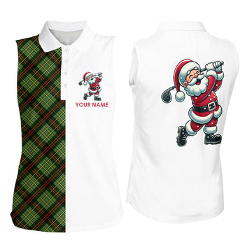 Grünes Karo-Weihnachtsmuster Santa Golf Ärmelloses Polo-Shirt für Damen – Individuelles Xmas Golfoberteil N8996