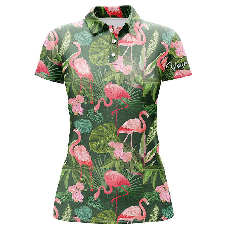 Personalisierte Damen Golf Polo-Shirts mit Flamingo-Grünem Palmenblatt-Muster – Ideal für Ihr Team! N4780