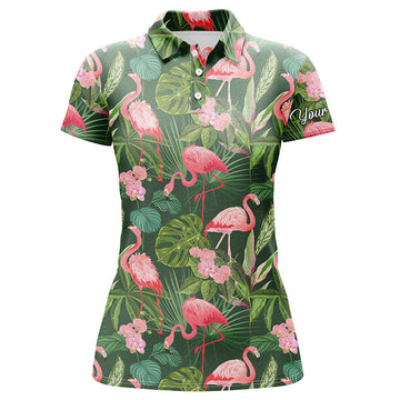 Personalisierte Damen Golf Polo-Shirts mit Flamingo-Grünem Palmenblatt-Muster – Ideal für Ihr Team! N4780