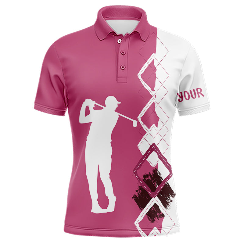 Rosa und weiße Argyle-Muster Herren Golf Polo Hemd – Individuelle Golfbekleidung für Männer, Team Golf Shirts N9023