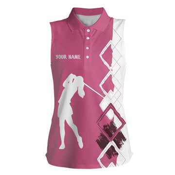 Rosa-weißer Argyle-Muster Damen Ärmelloses Polo-Shirt – Individuelle Golfbekleidung für Damenmannschaften N9023