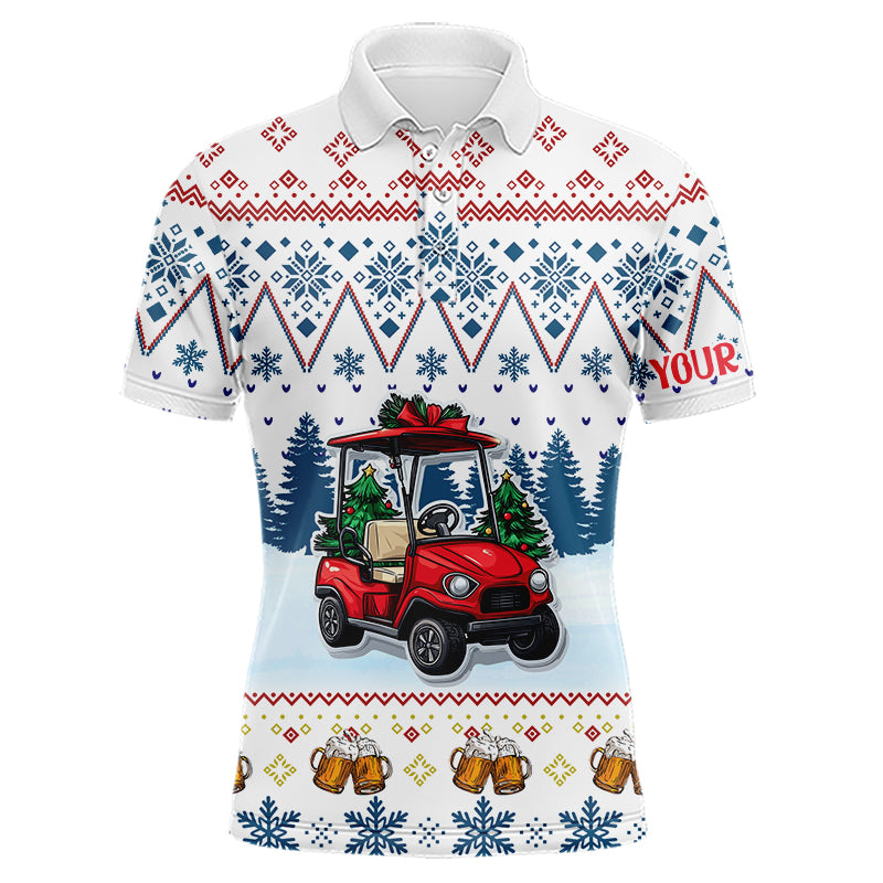 Personalisierte Herren Golf Polo Shirts mit hässlichem Weihnachtsmuster – Golfwagen und Bier | Blau N9031