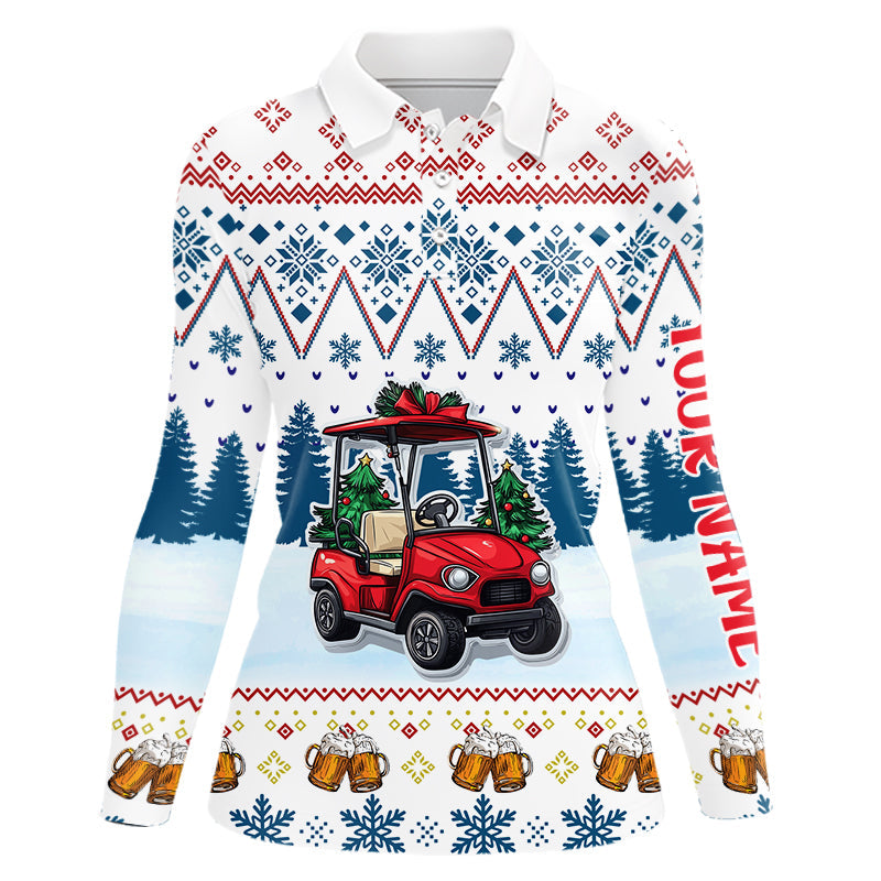 Damen Golf Polo Shirt mit individuellem, lustigem Weihnachtsmotiv – Golfwagen und Bier Design | Blau N9031