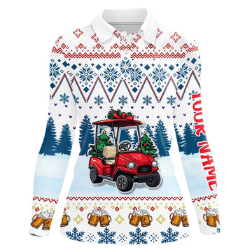 Damen Golf Polo Shirt mit individuellem, lustigem Weihnachtsmotiv – Golfwagen und Bier Design | Blau N9031