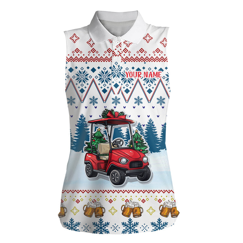 Frauen Ärmelloses Polo-Shirt mit individuellem, lustigem Weihnachtsmuster – Golfwagen und Bier – Golfshirts | Blau N9031