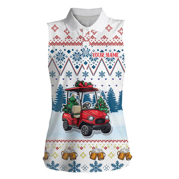Frauen Ärmelloses Polo-Shirt mit individuellem, lustigem Weihnachtsmuster – Golfwagen und Bier – Golfshirts | Blau N9031