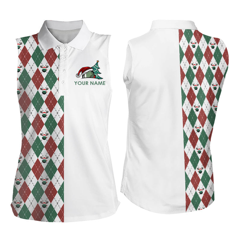 Weihnachtliche Damen-Poloshirts ohne Ärmel in Rot, Weiß und Grün mit Rauten-Muster – Perfekte Golfgeschenke N9038