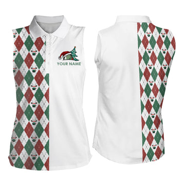 Weihnachtliche Damen-Poloshirts ohne Ärmel in Rot, Weiß und Grün mit Rauten-Muster – Perfekte Golfgeschenke N9038