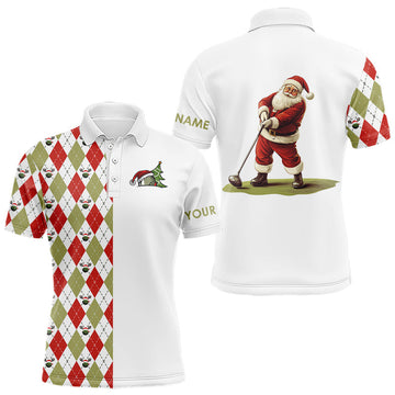 Weihnachts Golf Poloshirts für Herren – Individuelle rot-weiß-grüne Argyle-Muster mit Santa Golf Motiv – Perfekte Golfgeschenke zu Weihnachten N9039