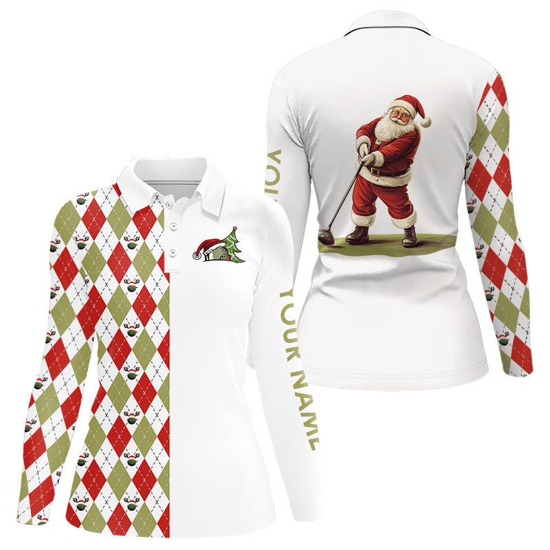 Weihnachtliches Damen-Golf-Polo-Shirt mit individuell gestalteten roten, weißen und grünen Argyle-Muster – Santa Golfer Xmas Golfgeschenke N9039