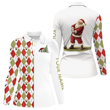 Weihnachtliches Damen-Golf-Polo-Shirt mit individuell gestalteten roten, weißen und grünen Argyle-Muster – Santa Golfer Xmas Golfgeschenke N9039