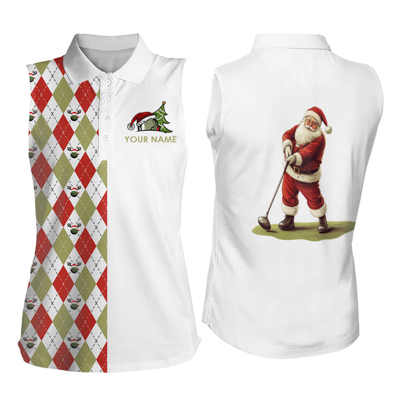 Weihnachtliche Damen Ärmellose Polo-Shirts mit individuellem rot-weiß-grünem Argyle-Muster – Santa Golfer Golf Geschenke N9039