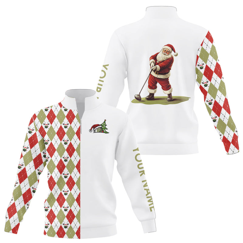 Weihnachtlicher Golf-Pullover mit Reißverschluss – Individuelles Design in Rot, Weiß und Grün mit Argyle-Muster und Santa-Golfer-Motiv N9039