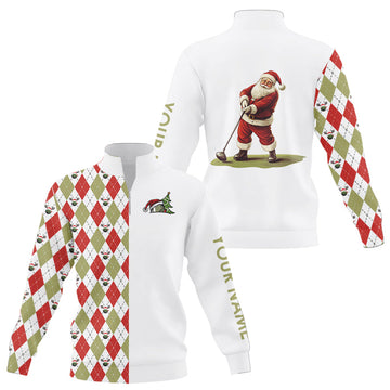 Weihnachtlicher Golf-Pullover mit Reißverschluss – Individuelles Design in Rot, Weiß und Grün mit Argyle-Muster und Santa-Golfer-Motiv N9039