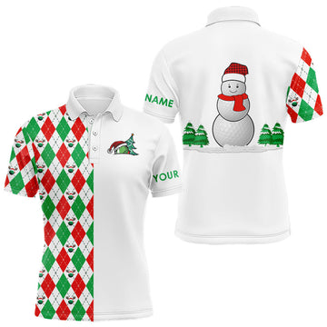 Weihnachts-Golfpoloshirts für Herren mit individuell gestalteten roten, weißen und grünen Argyle-Mustern und Schneemann-Golfball – perfekte Xmas-Geschenke N9040