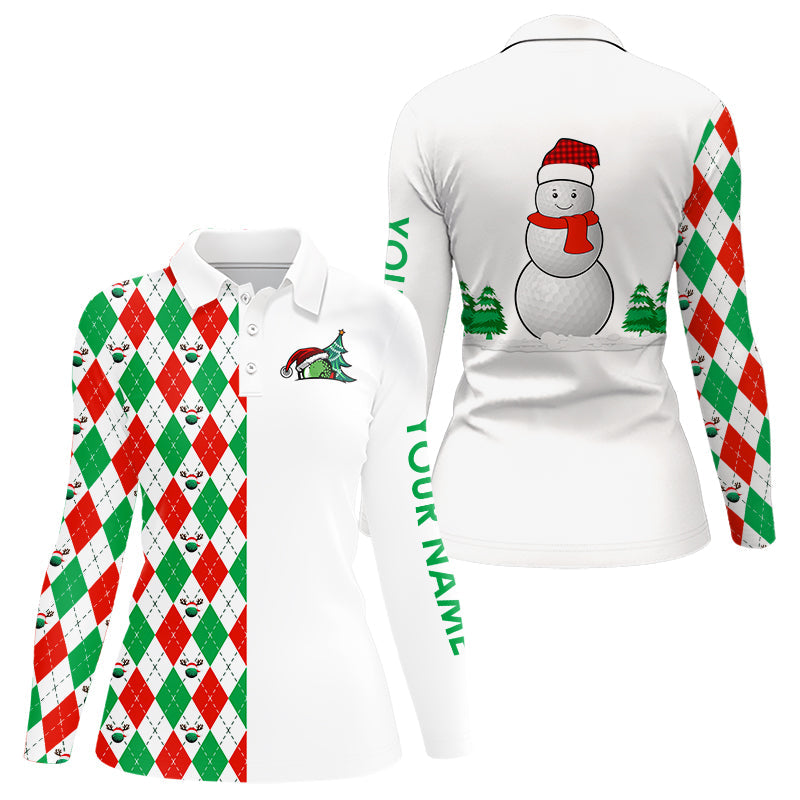 Weihnachts-Golf-Polo-Shirts für Damen mit individuellem rot-weiß-grünem Argyle-Muster und Schneemann-Golfball – perfekte Xmas-Geschenke N9040