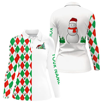 Weihnachts-Golf-Polo-Shirts für Damen mit individuellem rot-weiß-grünem Argyle-Muster und Schneemann-Golfball – perfekte Xmas-Geschenke N9040