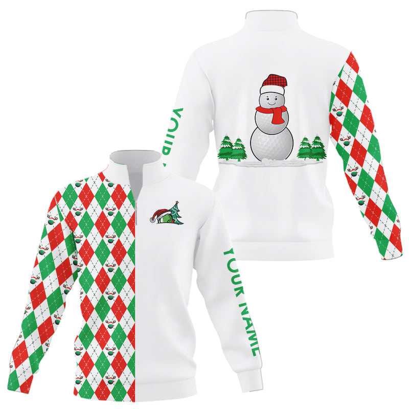 Weihnachtlicher Golf-Pullover mit Stehkragen – Individuelles Design in Rot, Weiß und Grün mit Argyle-Muster und Schneemann-Golfball N9040