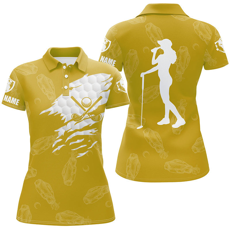 Personalisierte Damen Golf Poloshirt mit individuellem Namen | Golfplatz-Muster | Sonniges Gelb N7536