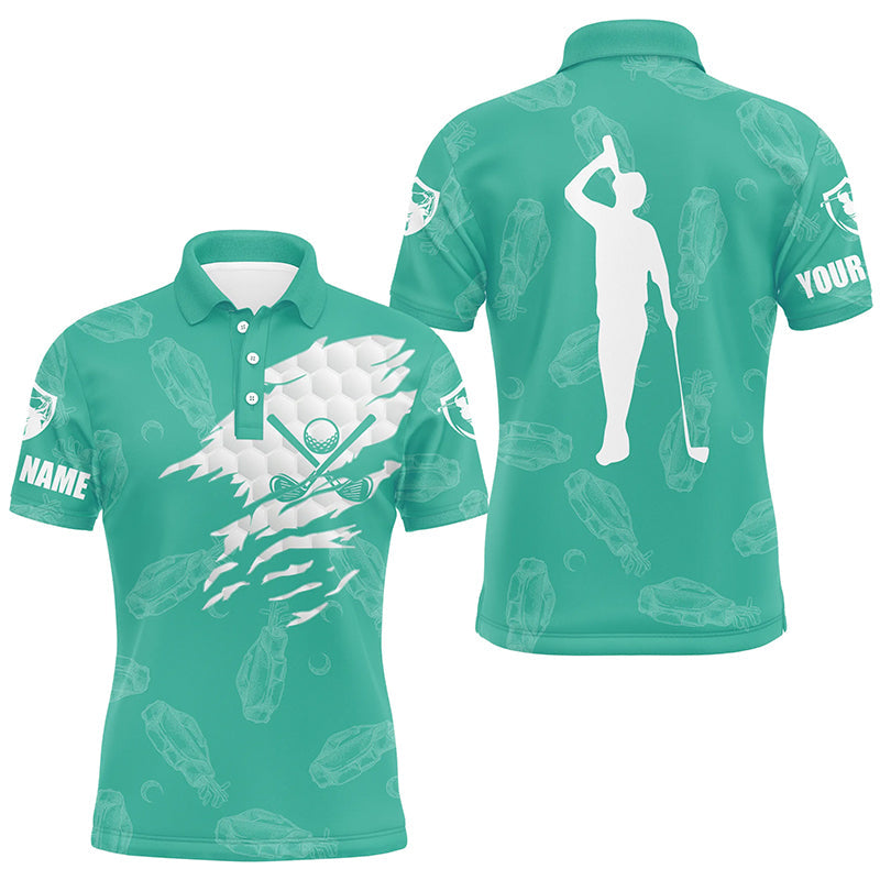 Personalisierte Herren Golf Polo-Shirt mit individuellem Namen und Golf-Schläger-Muster | Türkis N7536