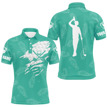 Personalisierte Herren Golf Polo-Shirt mit individuellem Namen und Golf-Schläger-Muster | Türkis N7536