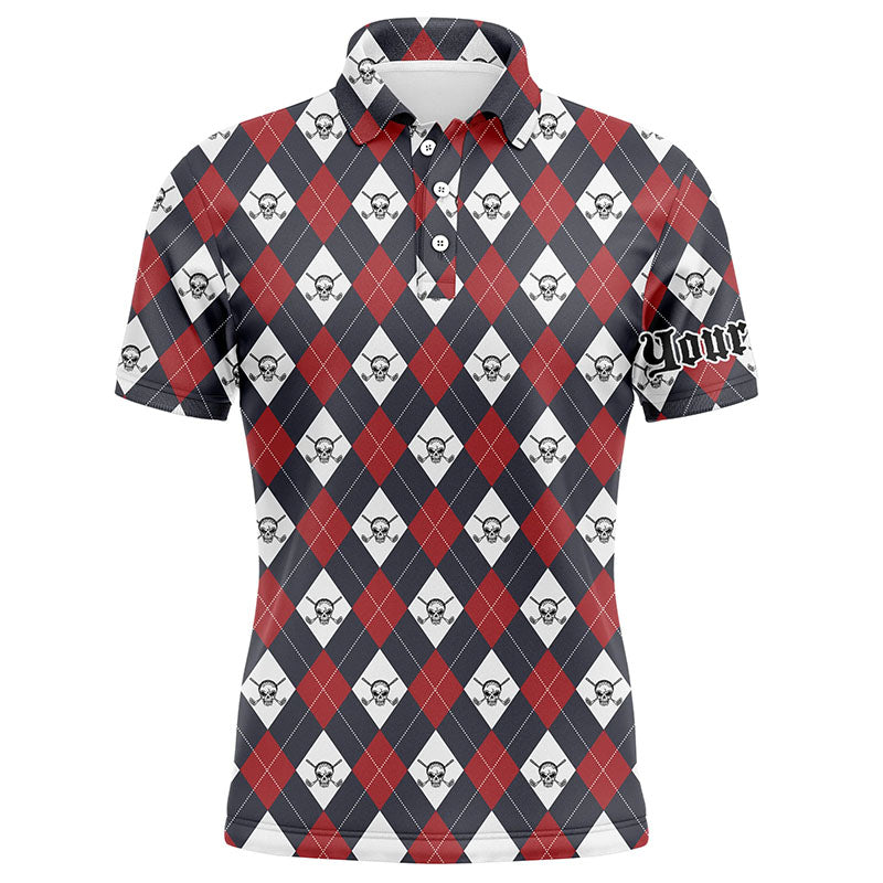 Personalisierte Golf-Polo-Shirts für Herren mit Argyle-Muster – Golf-Skull-Design – Individueller Teamname – Perfektes Golfgeschenk N6021