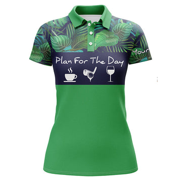 Damen Golf Polo-Shirt - Tagesplanung: Kaffee, Golf, Wein - Personalisierbar mit Namen - Grünes Tropenpflanzen-Design N4000