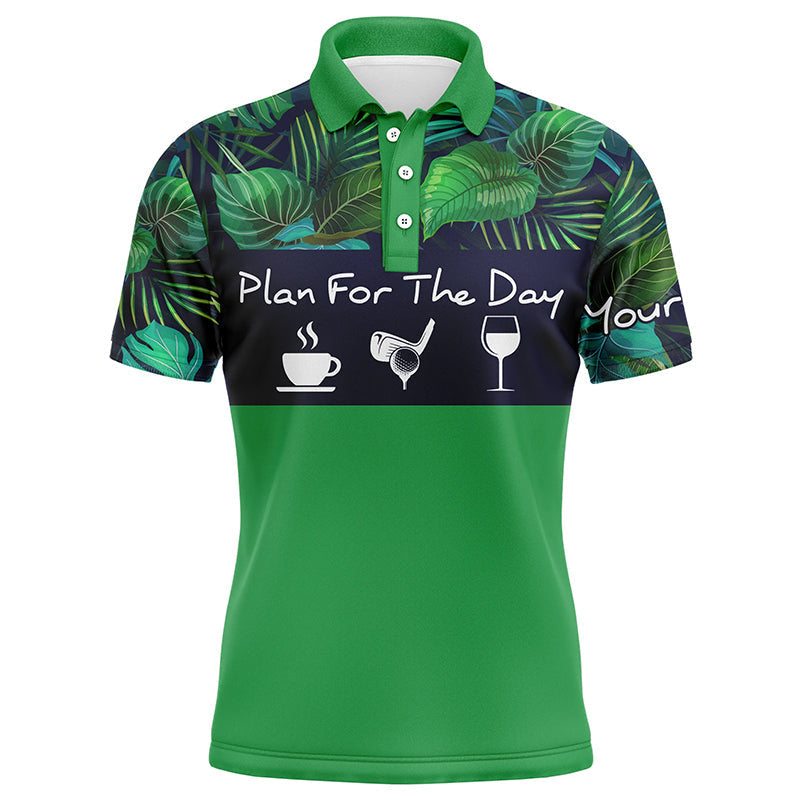 Personalisierbares Herren Golf Polo-Shirt - "Tagesplan: Kaffee, Golf, Wein" mit grünem Tropenpflanzen-Motiv N4000
