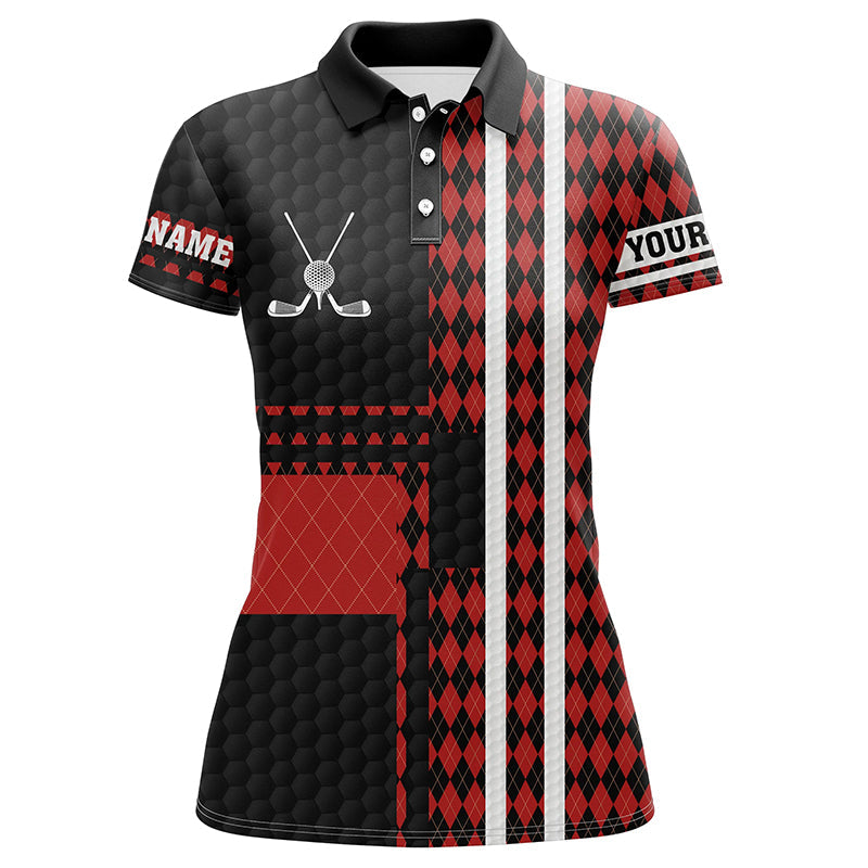 Personalisierte Damen Golf Polo Shirt mit Schwarz-Rotem Rautenmuster - Einzigartiges Geschenk für Golferinnen N7089